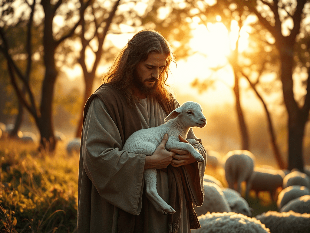 Jesus returning a lost sheep to the herd - He loves each and every one of us.