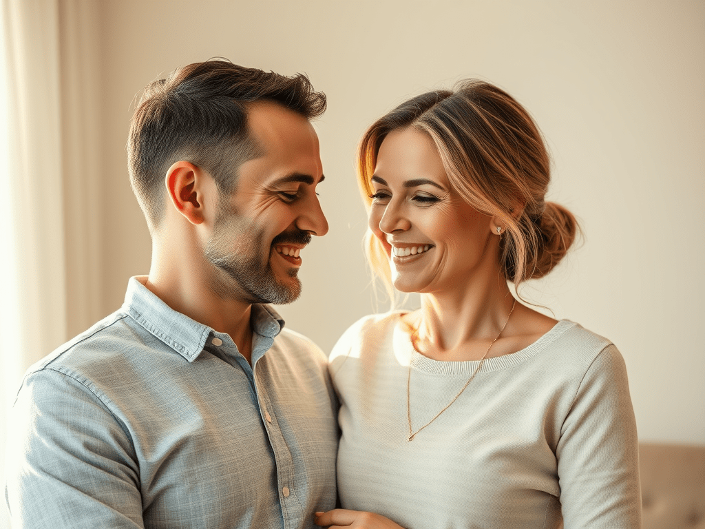 Christian husband and wife looking at each other with love, reflecting trust, partnership, and God’s design for marriage