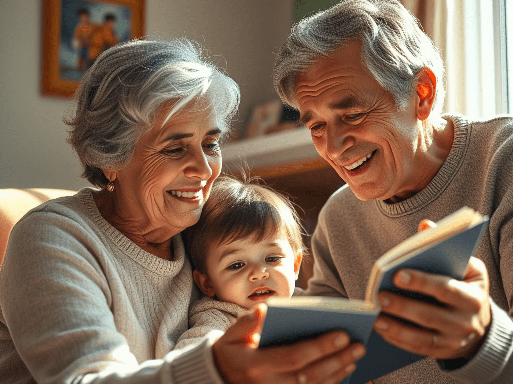 Image of close up of a grandmother and grandfather reading a book to a toddler - demonstrating discipling children