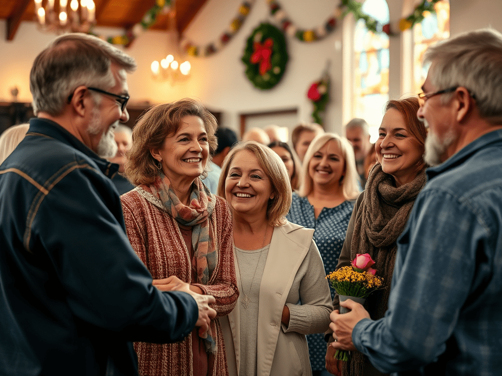 Christian church members warmly welcoming a newcomer and demonstrating hospitality and community