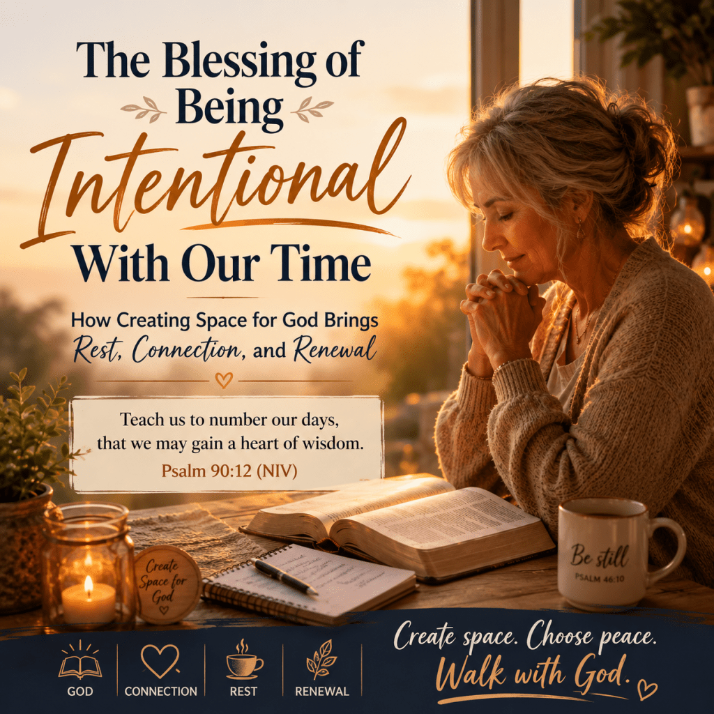 A warm inspirational Christian graphic featuring an older woman sitting quietly by a window at sunset with her hands clasped in prayer beside an open Bible. Soft golden light fills the room, creating a peaceful atmosphere of rest and reflection. The image includes the title “The Blessing of Being Intentional With Our Time” and the scripture verse Psalm 90:12 (NIV): “Teach us to number our days, that we may gain a heart of wisdom.” Decorative elements include candles, a journal, a coffee mug with “Be still” written on it, and symbols representing God, connection, rest, and renewal.