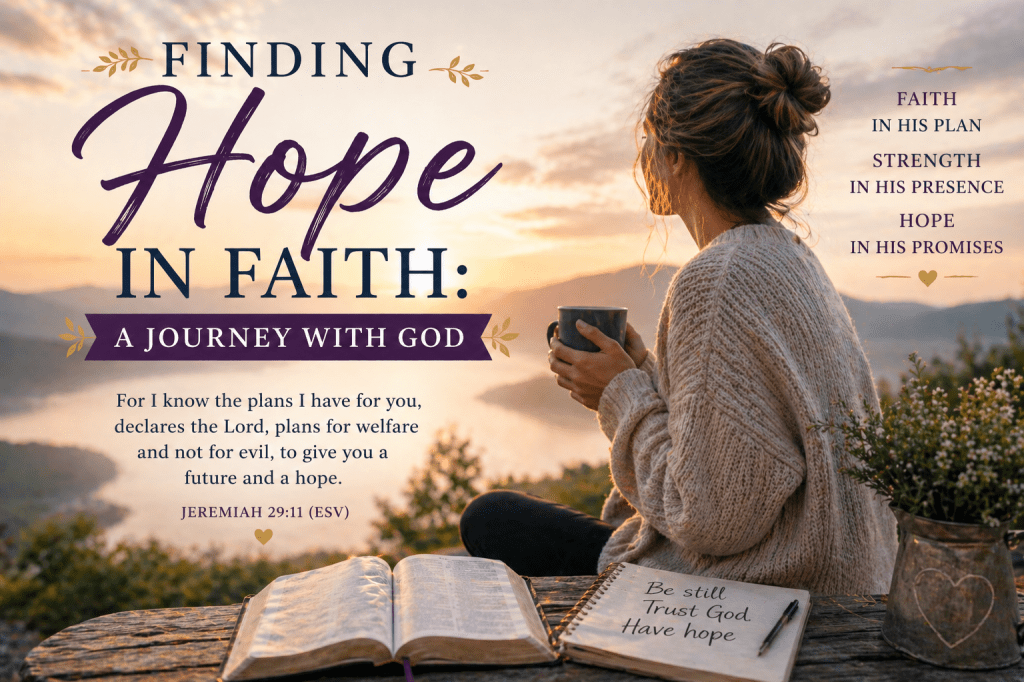Woman sitting with a Bible and journal overlooking a peaceful sunrise, reflecting on God’s promises and finding hope through faith.