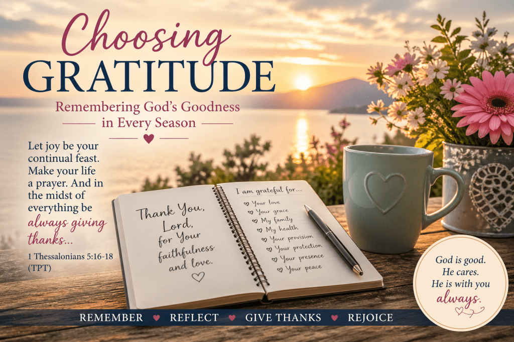Open gratitude journal, coffee mug, and flowers overlooking a peaceful sunrise, reflecting on God’s goodness and choosing gratitude in every season.