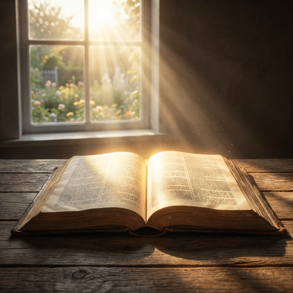 Open book on a wooden table illuminated by sunlight from a nearby window.
