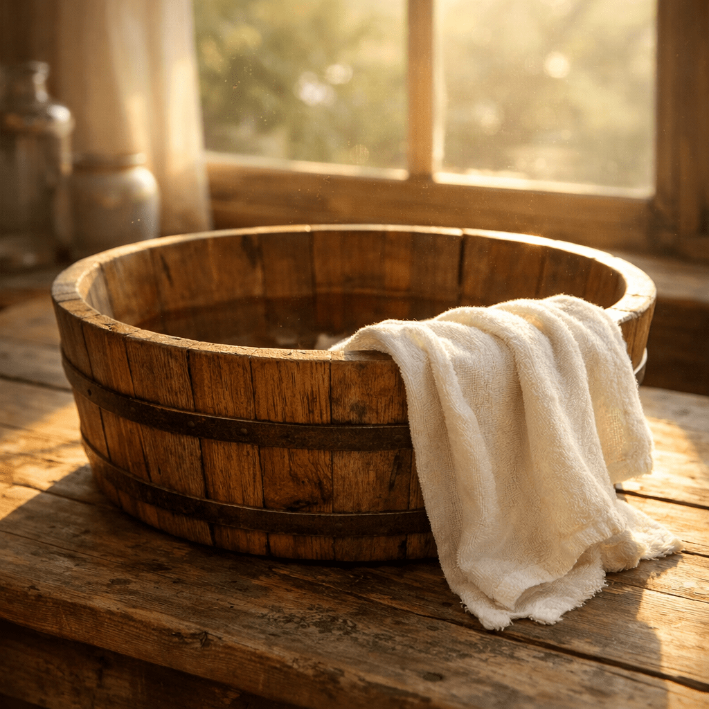 Wooden basin with white towel draped over edge on wooden table