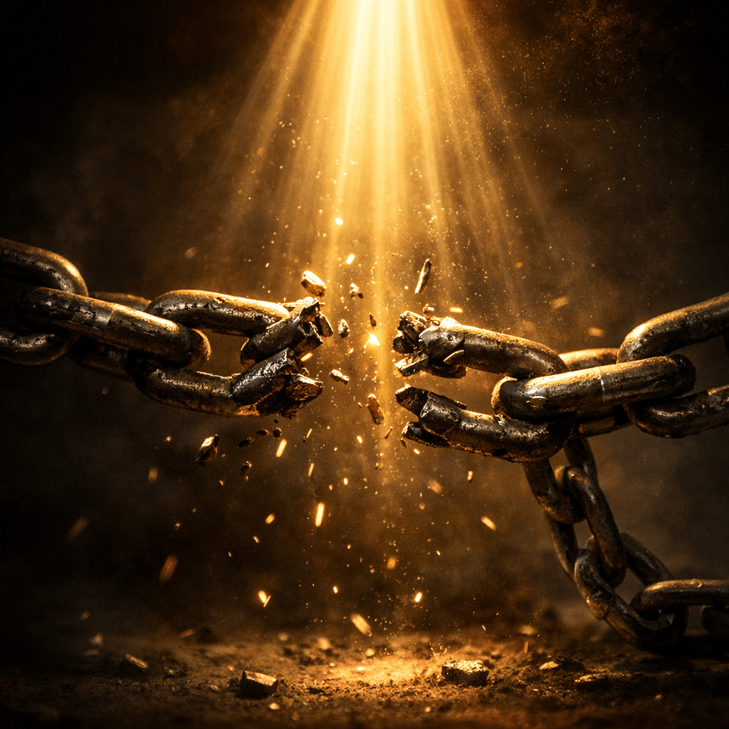 Metal chain breaking with sparks and golden light