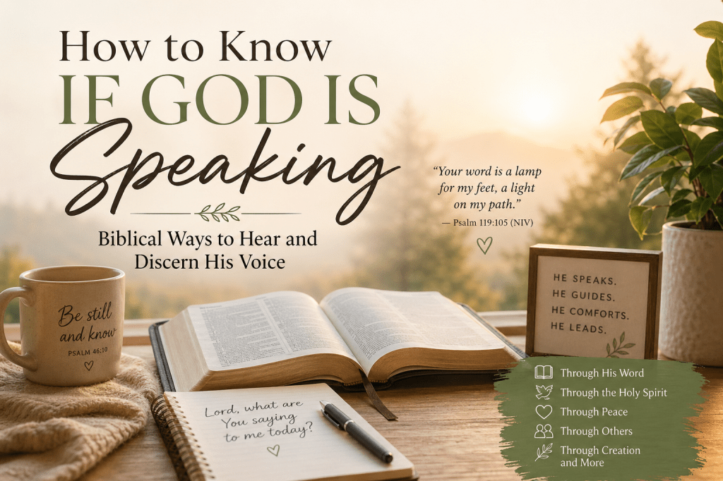 A peaceful sunrise scene with an open Bible, journal, and coffee on a wooden table overlooking soft hills. The image includes the words “How to Know If God Is Speaking: Biblical Ways to Hear and Discern His Voice” with a Scripture from Psalm 119:105 and gentle reminders that God speaks, guides, comforts, and leads.