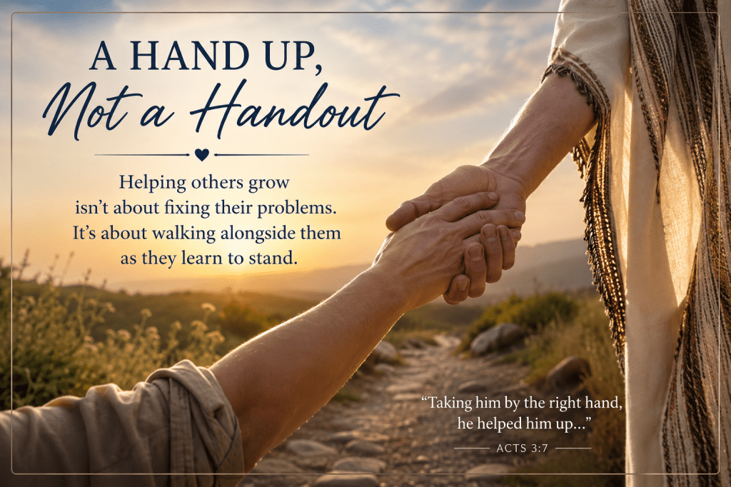 A warm, golden-toned inspirational image showing one person reaching down to help another person up from the ground along a rocky path at sunset. The text reads “A Hand Up, Not a Handout” with the message: “Helping others grow isn’t about fixing their problems. It’s about walking alongside them as they learn to stand.” A Bible verse reference from Acts 3:7 appears in the corner, symbolising compassionate support, wisdom, and empowerment.