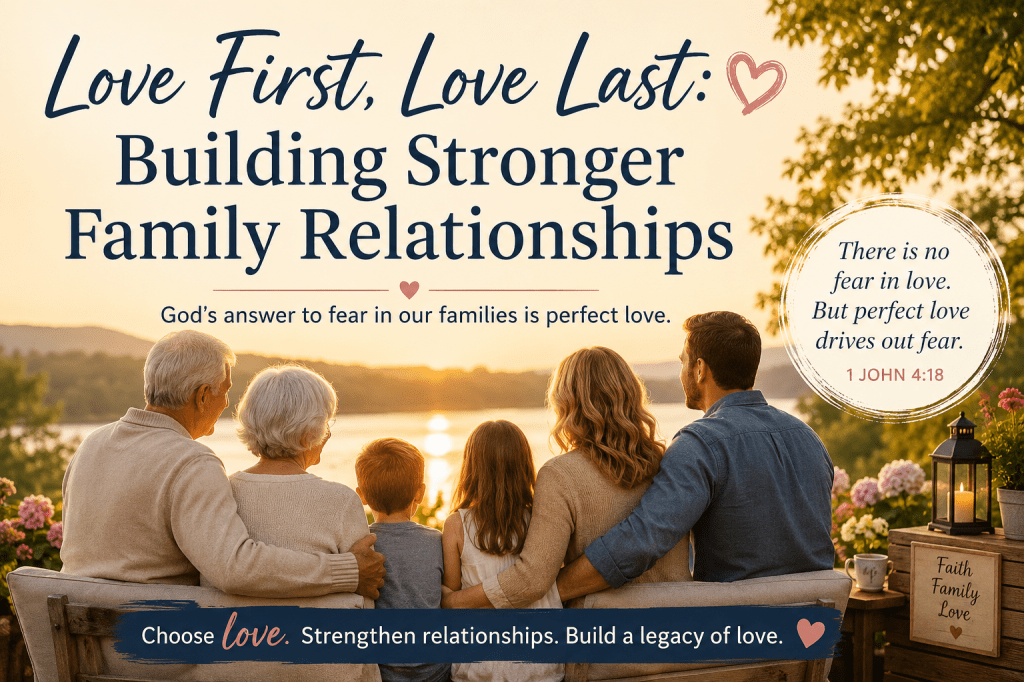 A multigenerational family sitting together overlooking a lake at sunset, illustrating God's perfect love strengthening family relationships. The image includes the title "Love First, Love Last: Building Stronger Family Relationships" and the scripture from 1 John 4:18 about perfect love driving out fear.