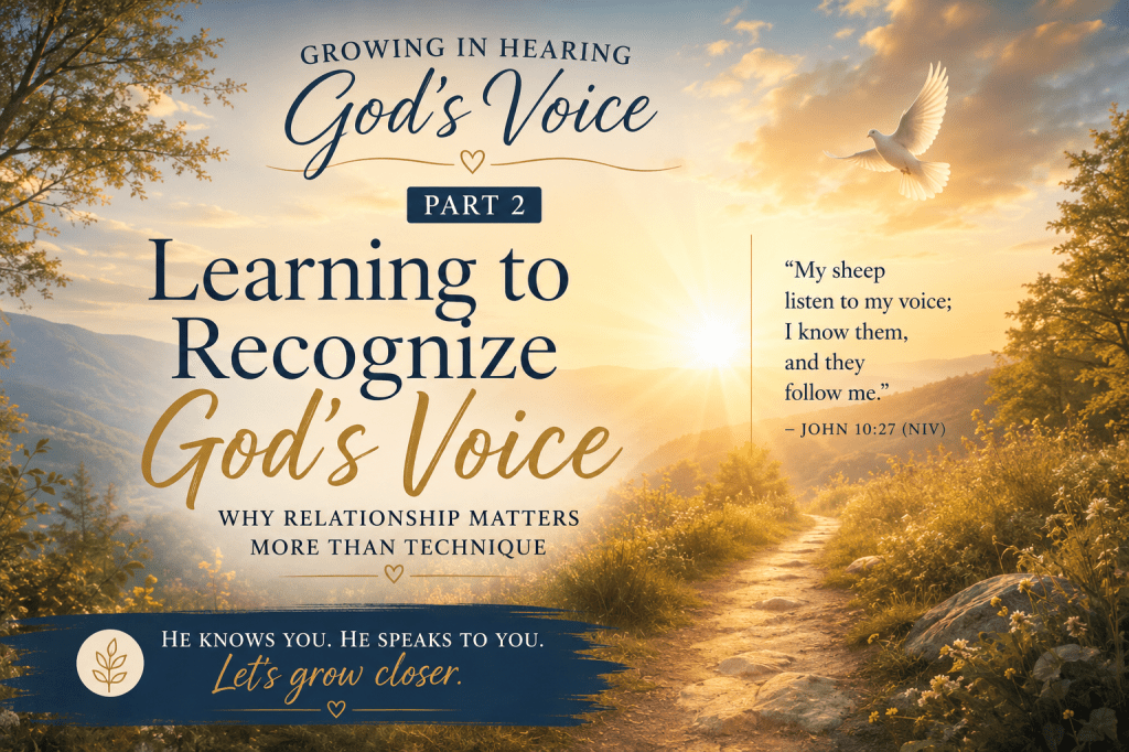 Learning to Recognize God's Voice – Part 2 cover image featuring a golden sunrise over rolling hills and a winding path leading toward the light. A white dove soars across the sky, symbolizing the Holy Spirit and God's gentle guidance. The image includes the scripture from John 10:27 (NIV), "My sheep listen to my voice; I know them, and they follow me," along with the subtitle, "Why Relationship Matters More Than Technique." Warm golden tones and soft blue accents create a peaceful atmosphere that reflects growing closer to God and learning to recognize His voice through relationship with Jesus.