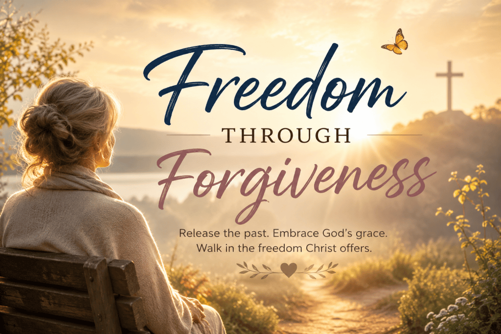 “Freedom Through Forgiveness series — a woman sitting peacefully in warm morning light, looking toward a cross, with the words ‘Release the past. Embrace God’s grace. Walk in the freedom Christ offers.’”