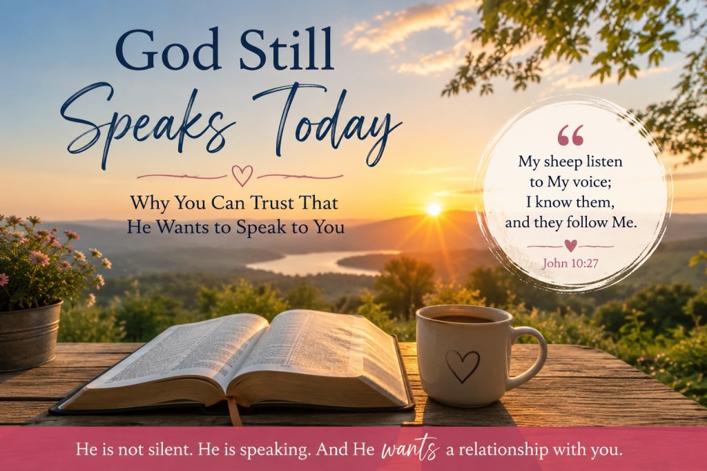 Sunrise over rolling hills with an open Bible and coffee on a wooden table, illustrating the Christian message "God Still Speaks Today." The image features John 10:27 and reflects the hope of hearing God's voice through Scripture, the Holy Spirit, and a growing relationship with Jesus.