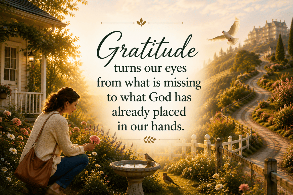 A woman pauses beside her cottage to admire flowers and birds in a warm, sunlit garden while a winding road leads toward a grand house in the distance. Text reads, “Gratitude turns our eyes from what is missing to what God has already placed in our hands.”