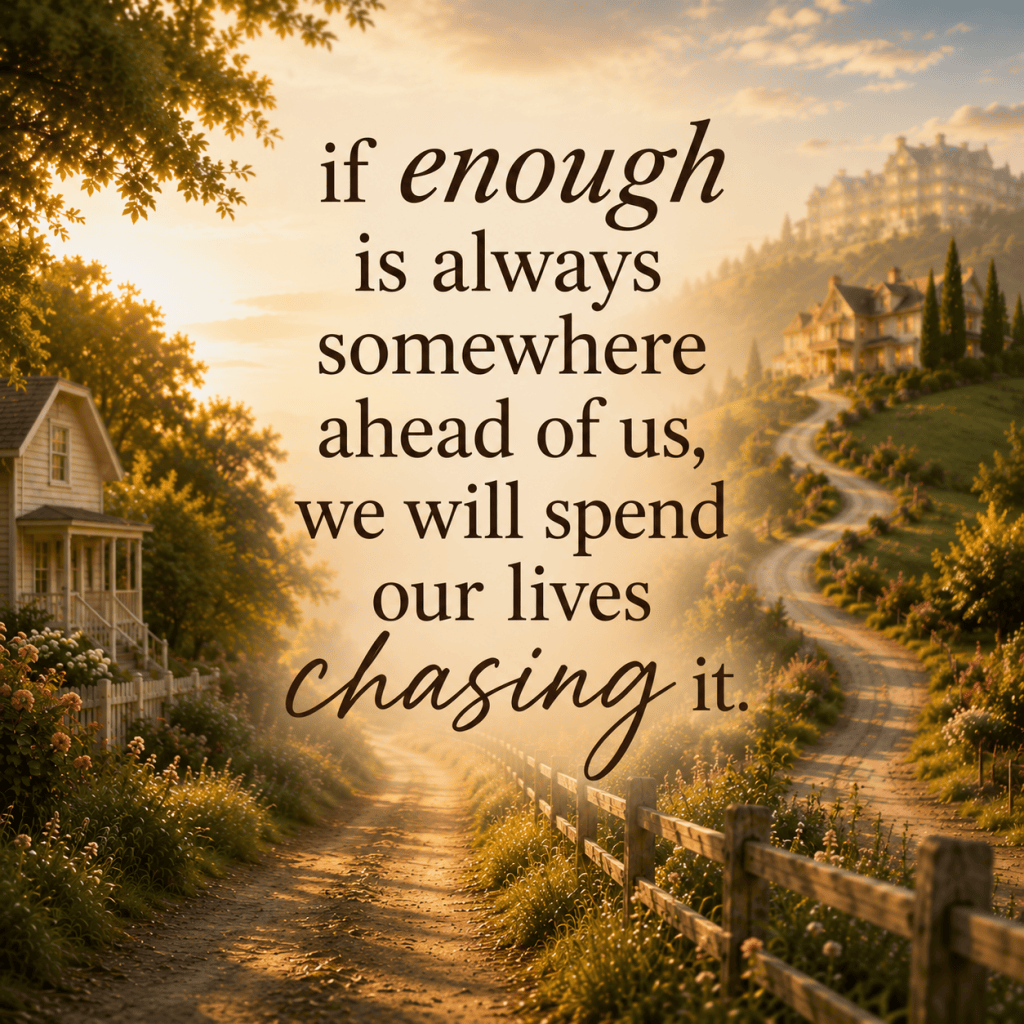 A golden country path winds toward larger homes in the distance, illustrating the never-ending pursuit of more. Text reads, “If enough is always somewhere ahead of us, we will spend our lives chasing it.”