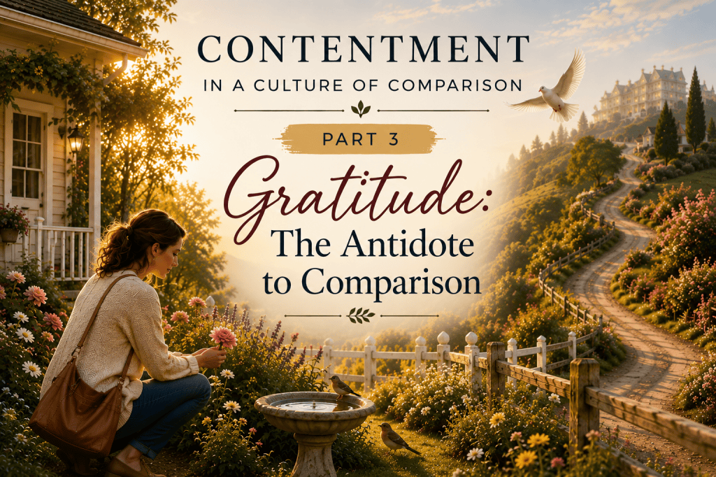 A woman pauses beside her modest cottage to admire flowers and birds in a warm, sunlit garden, while a winding road leads toward a grand house in the distance. Text reads, “Contentment in a Culture of Comparison — Part 3: Gratitude: The Antidote to Comparison.”