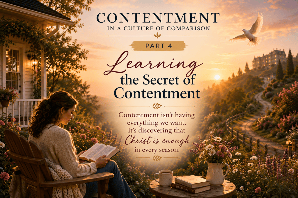 A woman sits peacefully outside a modest cottage reading her Bible at sunset, surrounded by flowers, with a grand house visible on a distant hill. Text reads, “Contentment in a Culture of Comparison — Part 4: Learning the Secret of Contentment. Contentment isn’t having everything we want. It’s discovering that Christ is enough in every season.”