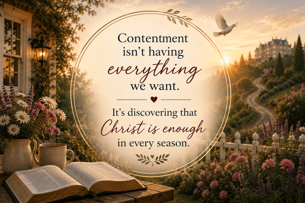 An open Bible rests beside a mug and flowers in a peaceful cottage garden at sunset, with a winding path and grand house in the distance. Text reads, “Contentment isn’t having everything we want. It’s discovering that Christ is enough in every season.”