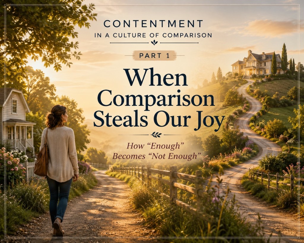 A woman walks along a peaceful, sunlit country path beside a modest home while looking toward a larger house on a distant hill, illustrating how comparison can make what we already have feel insufficient. Text reads, “Contentment in a Culture of Comparison — Part 1: When Comparison Steals Our Joy — How ‘Enough’ Becomes ‘Not Enough.’”