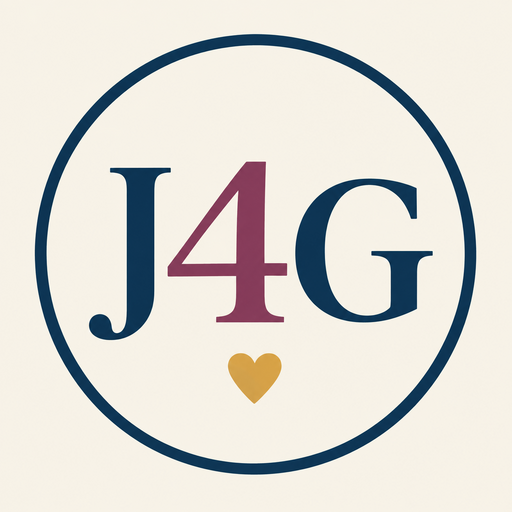J4G in navy and plum with a golden heart inside a navy circle on cream.